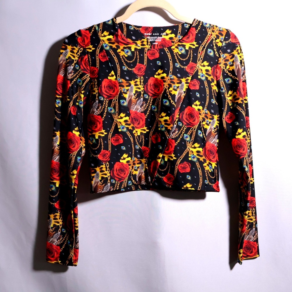 Cami & Jax Womens L Floral Leopard Chain Print Long Sleeve Crop Top Rash Guard